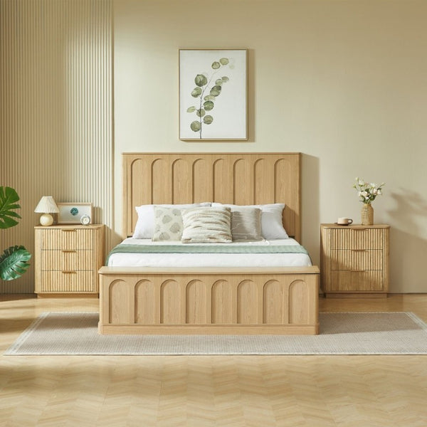 English Elm Queen Platform Bed Mid-Century Arched Headboard Hidden Storage Footboard Walnut Tone Oak W1820S00075
