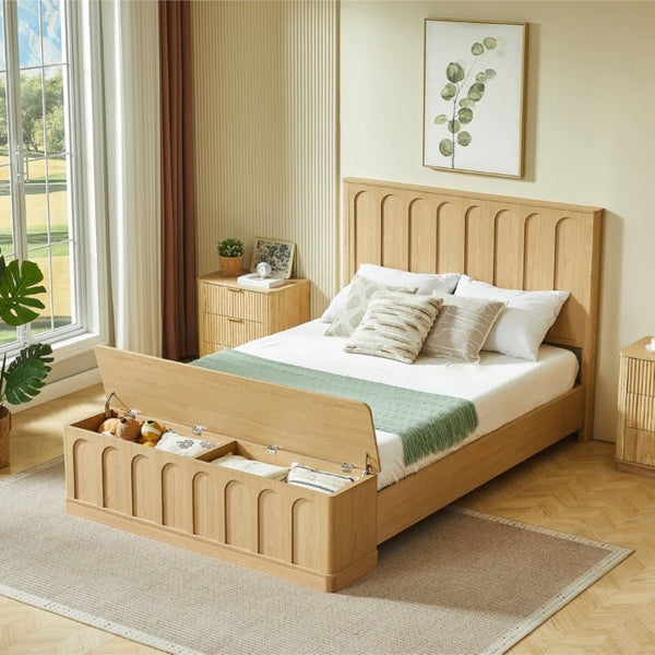 English Elm Queen Platform Bed Mid-Century Arched Headboard Hidden Storage Footboard Walnut Tone Oak W1820S00075
