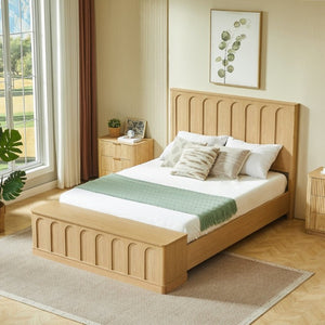 English Elm Queen Platform Bed Mid-Century Arched Headboard Hidden Storage Footboard Walnut Tone Oak W1820S00075