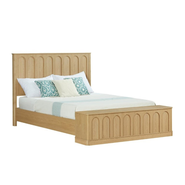 English Elm Queen Platform Bed Mid-Century Arched Headboard Hidden Storage Footboard Walnut Tone Oak W1820S00075