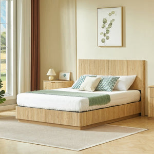 English Elm Queen Bed Frame with LED Lighting Sculptural Grooved Headboard Walnut Finish Modern W1820S00078