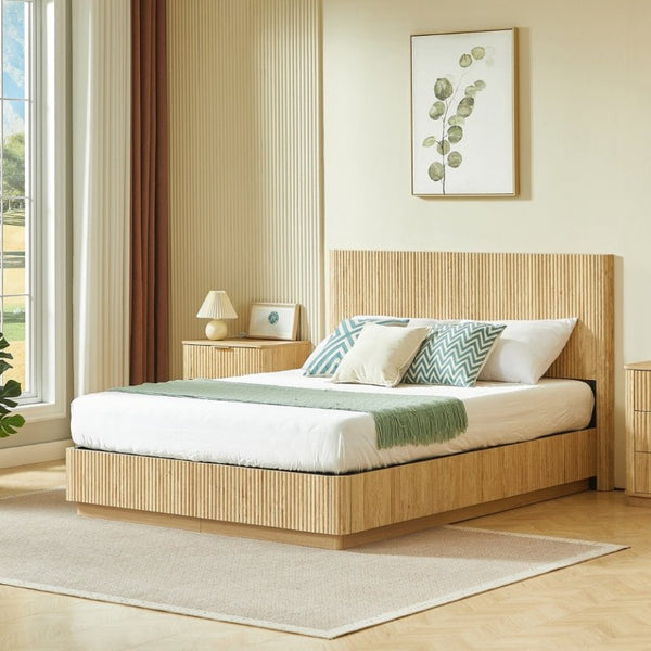 English Elm Queen Bed Frame with LED Lighting Sculptural Grooved Headboard Walnut Finish Modern W1820S00078