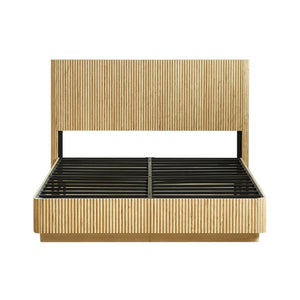 English Elm Queen Bed Frame with LED Lighting Sculptural Grooved Headboard Walnut Finish Modern W1820S00078