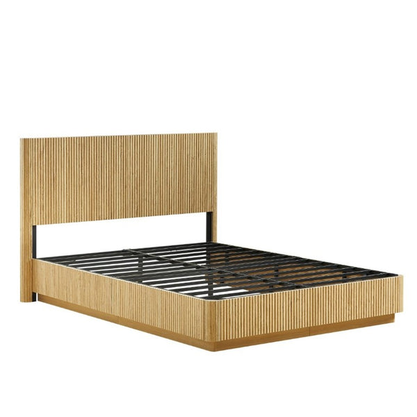 English Elm Queen Bed Frame with LED Lighting Sculptural Grooved Headboard Walnut Finish Modern W1820S00078