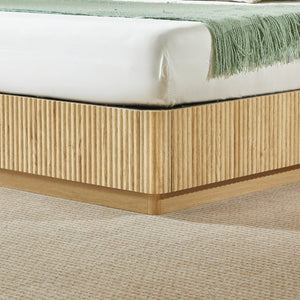 English Elm Queen Bed Frame with LED Lighting Sculptural Grooved Headboard Walnut Finish Modern W1820S00078