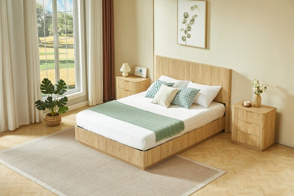 English Elm Queen Bed Frame with LED Lighting Sculptural Grooved Headboard Walnut Finish Modern W1820S00078