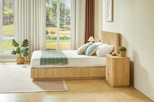 English Elm Queen Bed Frame with LED Lighting Sculptural Grooved Headboard Walnut Finish Modern W1820S00078