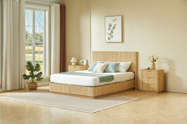 English Elm Queen Bed Frame with LED Lighting Sculptural Grooved Headboard Walnut Finish Modern W1820S00078