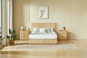 English Elm Queen Bed Frame with LED Lighting Sculptural Grooved Headboard Walnut Finish Modern W1820S00078