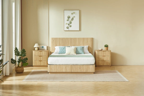 English Elm Queen Bed Frame with LED Lighting Sculptural Grooved Headboard Walnut Finish Modern W1820S00078