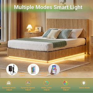 English Elm Queen Bed Frame with LED Lighting Sculptural Grooved Headboard Walnut Finish Modern W1820S00078