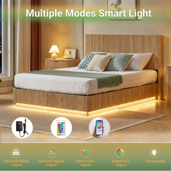 English Elm Queen Bed Frame with LED Lighting Sculptural Grooved Headboard Walnut Finish Modern W1820S00078