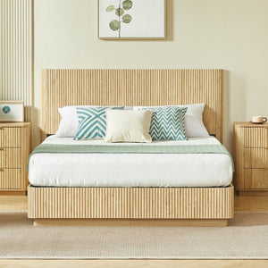 English Elm Queen Bed Frame with LED Lighting Sculptural Grooved Headboard Walnut Finish Modern W1820S00078