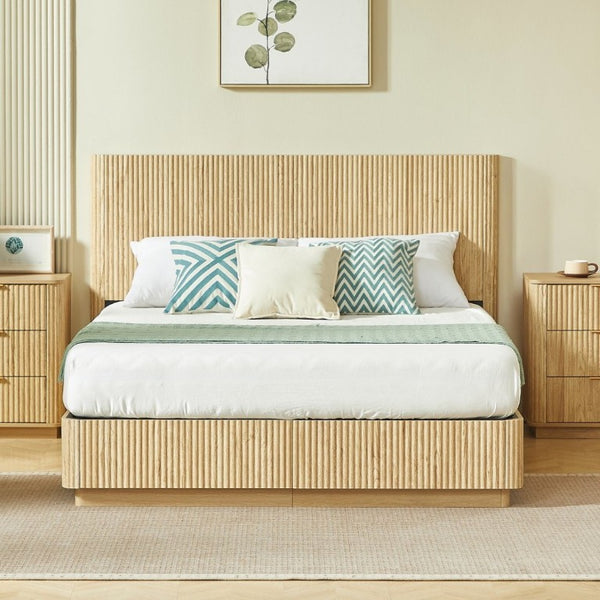 English Elm Queen Bed Frame with LED Lighting Sculptural Grooved Headboard Walnut Finish Modern W1820S00078