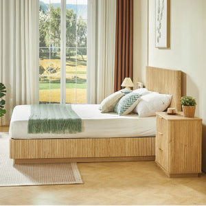 English Elm Queen Bed Frame with LED Lighting Sculptural Grooved Headboard Walnut Finish Modern W1820S00078