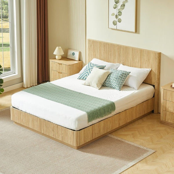 English Elm Queen Bed Frame with LED Lighting Sculptural Grooved Headboard Walnut Finish Modern W1820S00078