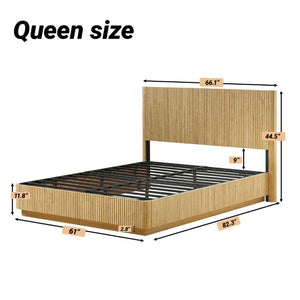 English Elm Queen Bed Frame with LED Lighting Sculptural Grooved Headboard Walnut Finish Modern W1820S00078