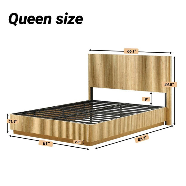 English Elm Queen Bed Frame with LED Lighting Sculptural Grooved Headboard Walnut Finish Modern W1820S00078