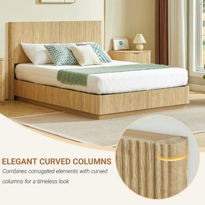 English Elm Queen Bed Frame with LED Lighting Sculptural Grooved Headboard Walnut Finish Modern W1820S00078