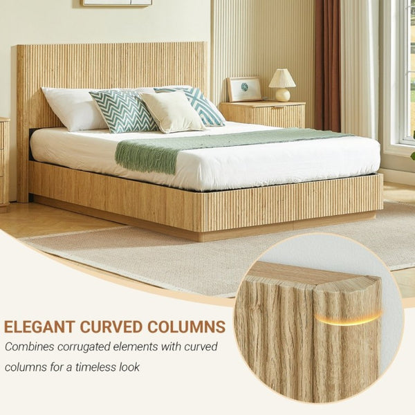 English Elm Queen Bed Frame with LED Lighting Sculptural Grooved Headboard Walnut Finish Modern W1820S00078