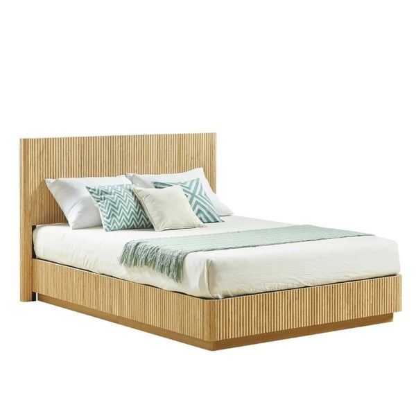 English Elm Queen Bed Frame with LED Lighting Sculptural Grooved Headboard Walnut Finish Modern W1820S00078