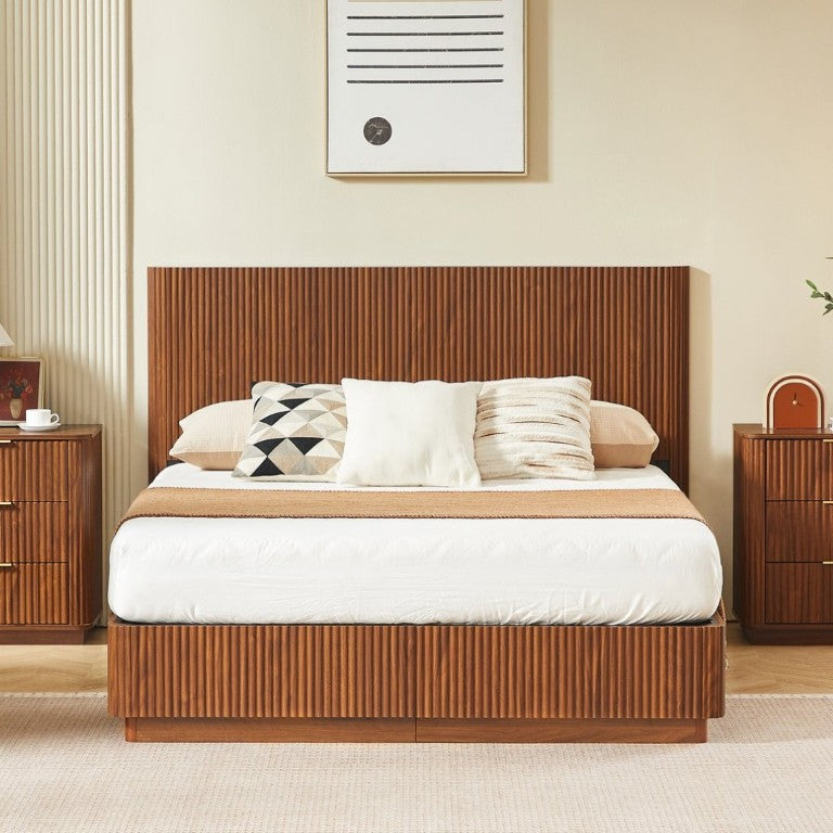 English Elm Queen Bed Frame with LED Lighting Walnut Grooved Headboard for Modern Bedrooms W1820S00079