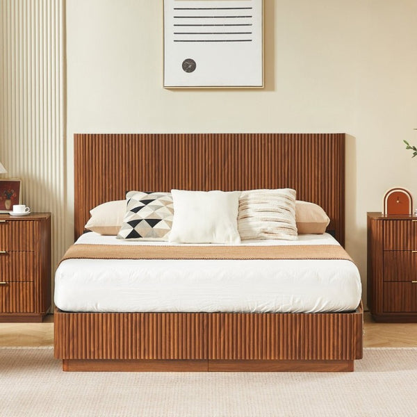 English Elm Queen Bed Frame with LED Lighting Walnut Grooved Headboard for Modern Bedrooms W1820S00079