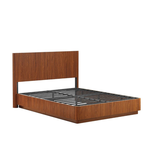 English Elm Queen Bed Frame with LED Lighting Walnut Grooved Headboard for Modern Bedrooms W1820S00079
