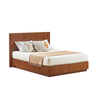 English Elm Queen Bed Frame with LED Lighting Walnut Grooved Headboard for Modern Bedrooms W1820S00079