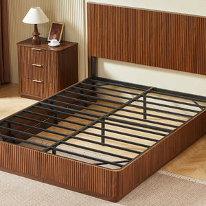 English Elm Queen Bed Frame with LED Lighting Walnut Grooved Headboard for Modern Bedrooms W1820S00079