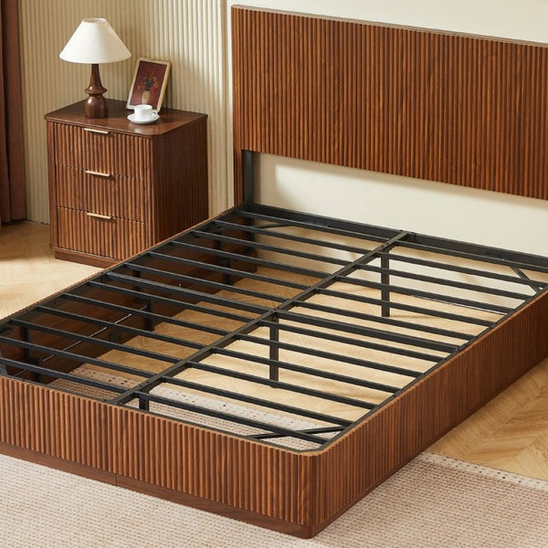 English Elm Queen Bed Frame with LED Lighting Walnut Grooved Headboard for Modern Bedrooms W1820S00079