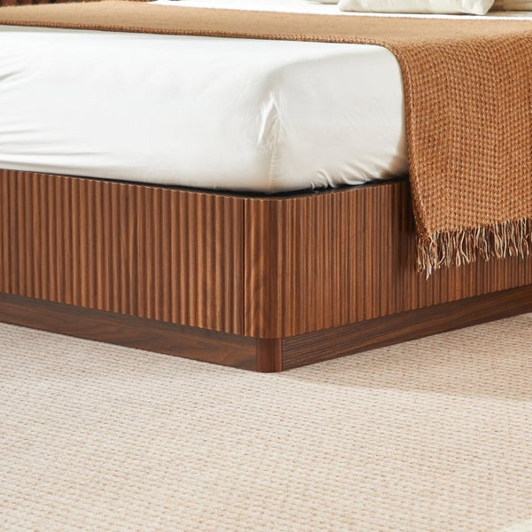 English Elm Queen Bed Frame with LED Lighting Walnut Grooved Headboard for Modern Bedrooms W1820S00079