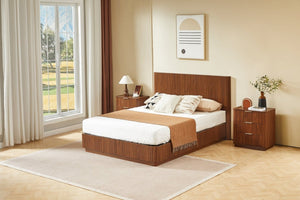 English Elm Queen Bed Frame with LED Lighting Walnut Grooved Headboard for Modern Bedrooms W1820S00079