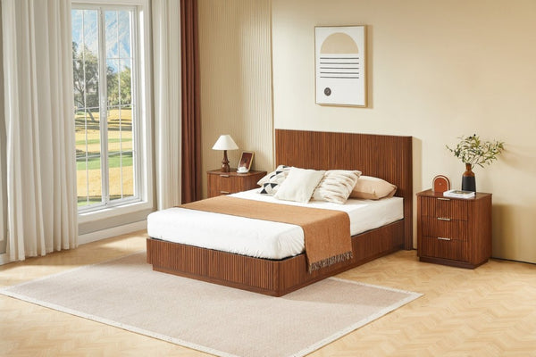 English Elm Queen Bed Frame with LED Lighting Walnut Grooved Headboard for Modern Bedrooms W1820S00079