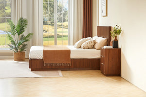 English Elm Queen Bed Frame with LED Lighting Walnut Grooved Headboard for Modern Bedrooms W1820S00079