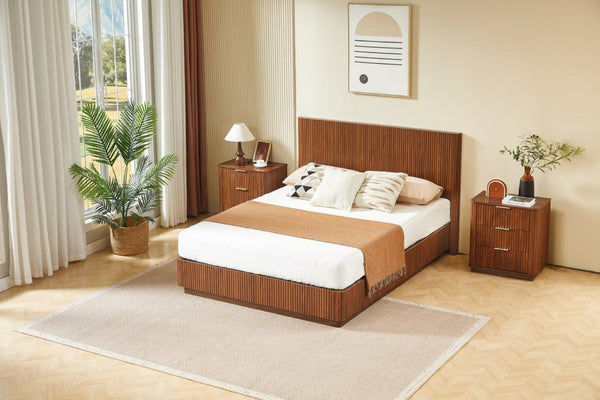 English Elm Queen Bed Frame with LED Lighting Walnut Grooved Headboard for Modern Bedrooms W1820S00079