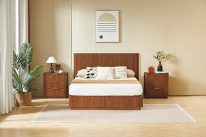 English Elm Queen Bed Frame with LED Lighting Walnut Grooved Headboard for Modern Bedrooms W1820S00079