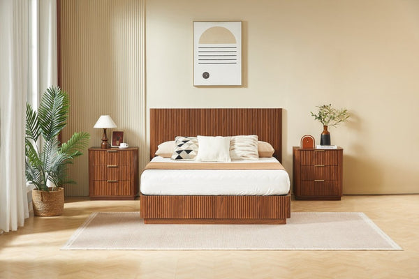 English Elm Queen Bed Frame with LED Lighting Walnut Grooved Headboard for Modern Bedrooms W1820S00079