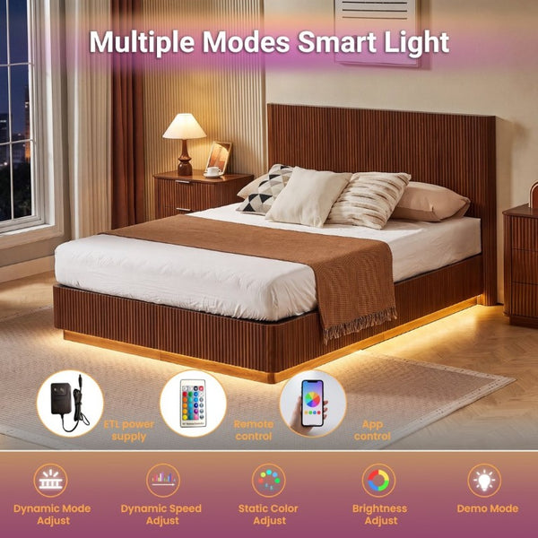 English Elm Queen Bed Frame with LED Lighting Walnut Grooved Headboard for Modern Bedrooms W1820S00079