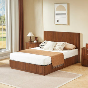 English Elm Queen Bed Frame with LED Lighting Walnut Grooved Headboard for Modern Bedrooms W1820S00079