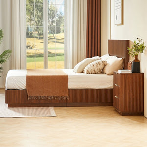 English Elm Queen Bed Frame with LED Lighting Walnut Grooved Headboard for Modern Bedrooms W1820S00079