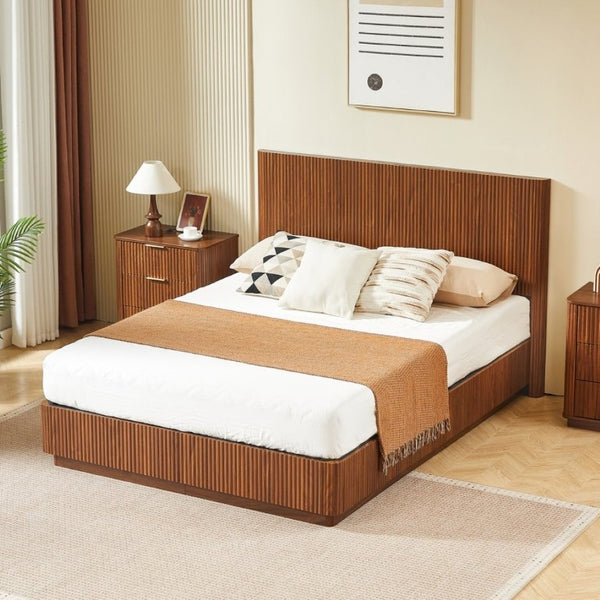 English Elm Queen Bed Frame with LED Lighting Walnut Grooved Headboard for Modern Bedrooms W1820S00079