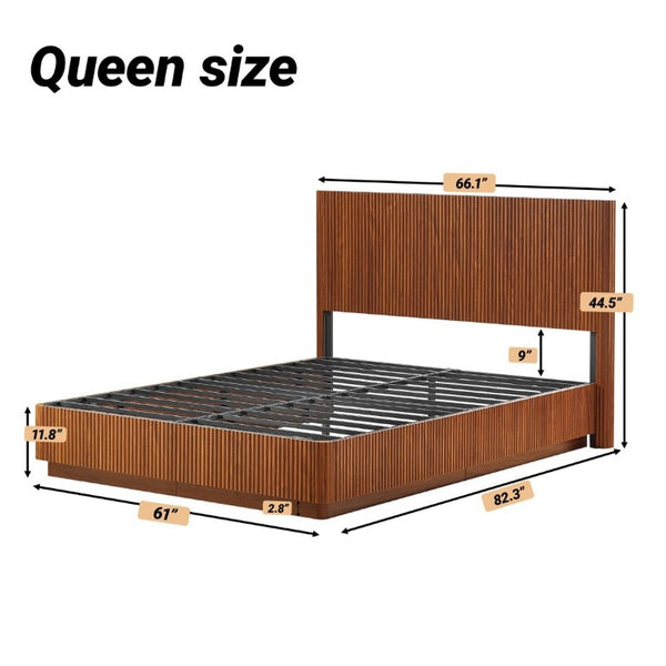 English Elm Queen Bed Frame with LED Lighting Walnut Grooved Headboard for Modern Bedrooms W1820S00079