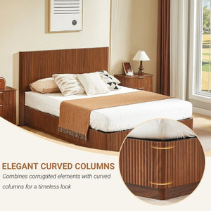 English Elm Queen Bed Frame with LED Lighting Walnut Grooved Headboard for Modern Bedrooms W1820S00079