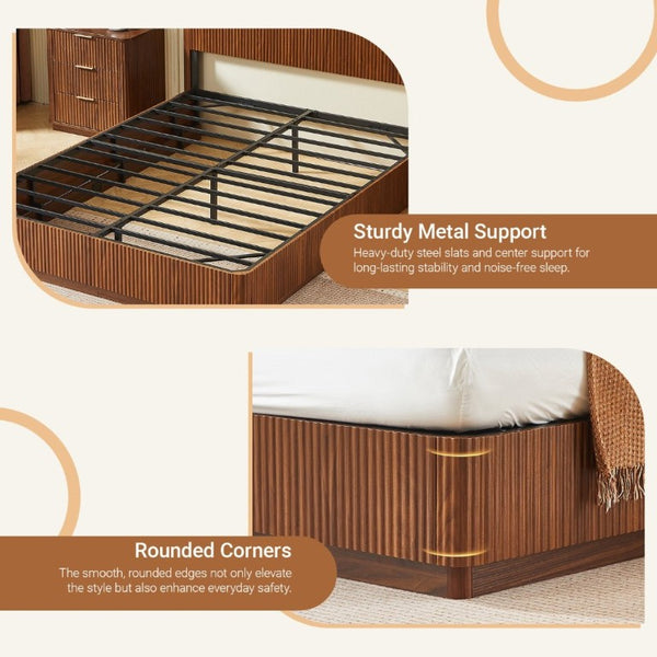 English Elm Queen Bed Frame with LED Lighting Walnut Grooved Headboard for Modern Bedrooms W1820S00079