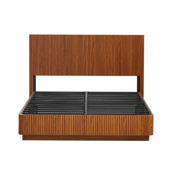English Elm Queen Bed Frame with LED Lighting Walnut Grooved Headboard for Modern Bedrooms W1820S00079