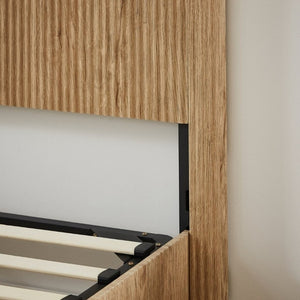 English Elm King Hydraulic Lift Storage Bed Oak Finish Curved Headboard with Wooden Slat Platform W1820S00080