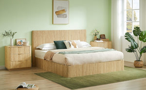 English Elm King Hydraulic Lift Storage Bed Oak Finish Curved Headboard with Wooden Slat Platform W1820S00080