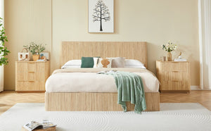 English Elm King Hydraulic Lift Storage Bed Oak Finish Curved Headboard with Wooden Slat Platform W1820S00080