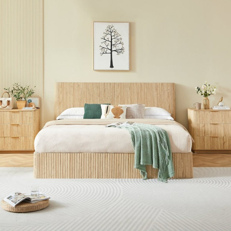 English Elm King Hydraulic Lift Storage Bed Oak Finish Curved Headboard with Wooden Slat Platform W1820S00080